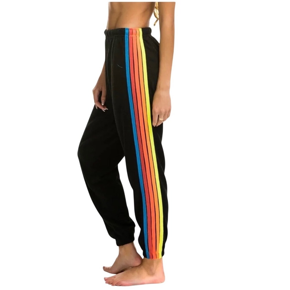 Aviator Nation 5 Stripe Sweatpants XS Black Rainbow Joggers Made USA
